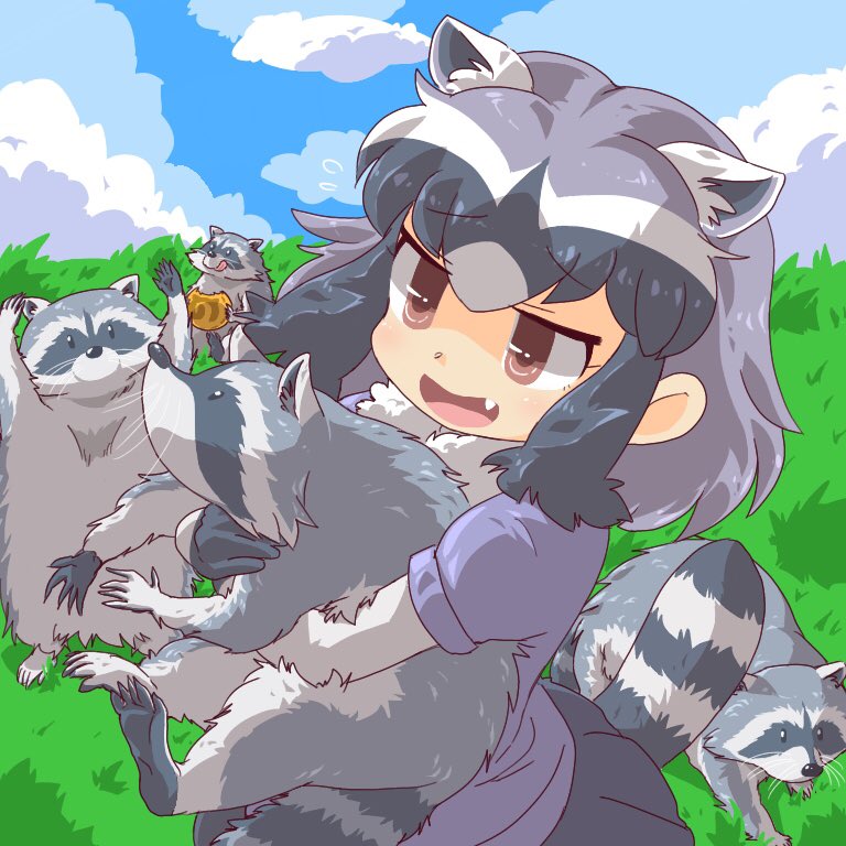 1girl animal animal_ears bangs black_hair blue_sky clouds common_raccoon_(kemono_friends) day fang food hug kemono_friends multicolored_hair open_mouth raccoon raccoon_ears raccoon_tail short_hair sky smile tail umikazenet3