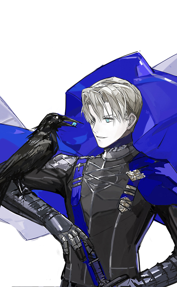 1boy bird blue_eyes cape crow dimitri_alexandre_bladud fire_emblem fire_emblem:_three_houses gloves monochrome n0ise0 open_mouth solo sword teeth upper_body weapon white_background