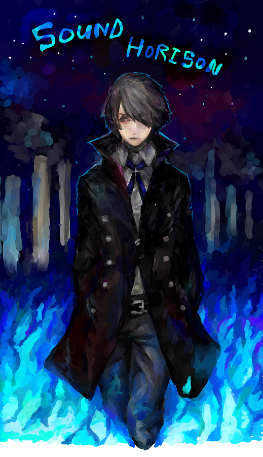 1boy belt_buckle black_coat black_eyes black_hair blue_fire blue_neckwear buckle closed_mouth coat denim fire forest hair_over_one_eye hands_in_pockets jeans nature night outdoors pants sky solo sound_horizon star_(sky) starry_sky tree vanishing_starlight voruvoru walking