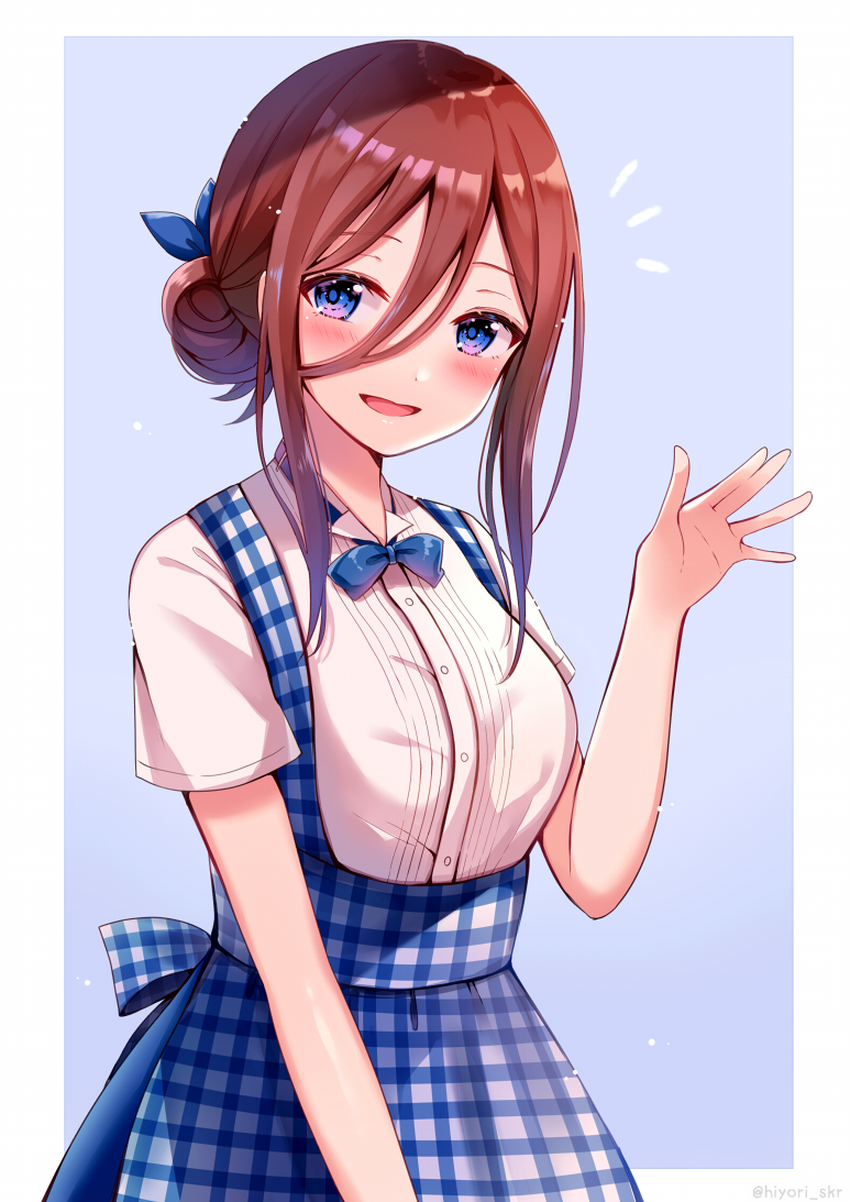 1girl :d apron bangs blue_apron blue_background blue_neckwear blue_ribbon blue_sky blush bow bowtie breasts brown_hair collared_shirt commentary_request dress_shirt eyebrows_visible_through_hair gingham gingham_apron go-toubun_no_hanayome hair_between_eyes hair_bun hair_ribbon hand_up kobeya koubeya_uniform nakano_miku open_mouth plaid plaid_apron ribbon sakura_hiyori shirt short_sleeves sidelocks sky small_breasts smile solo twitter_username two-tone_background violet_eyes white_background white_shirt