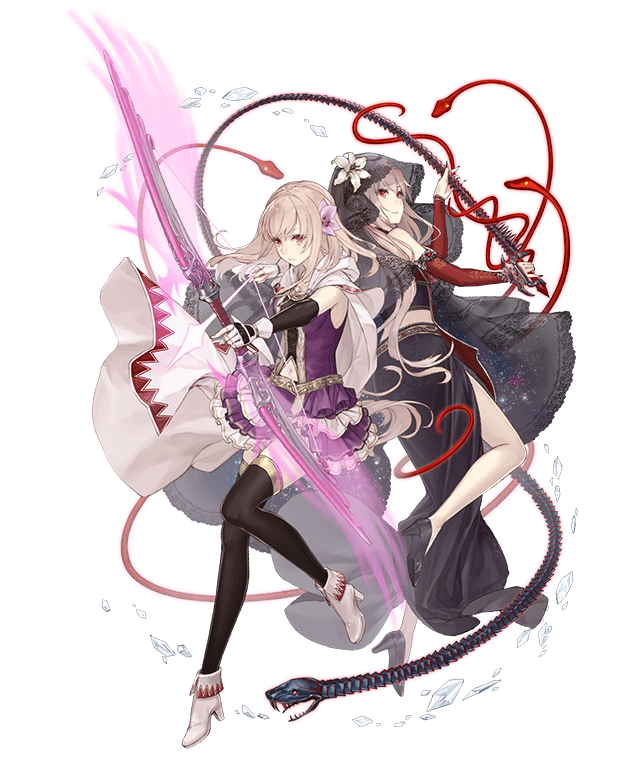 2girls arrow blonde_hair bow_(weapon) cape crossover detached_sleeves dual_persona fina_(ff_be) final_fantasy_brave_exvius flower full_body hair_flower hair_ornament high_heels ji_no looking_at_viewer multiple_girls navel navel_cutout official_art red_eyes sinoalice snake thigh-highs transparent_background veil weapon whip