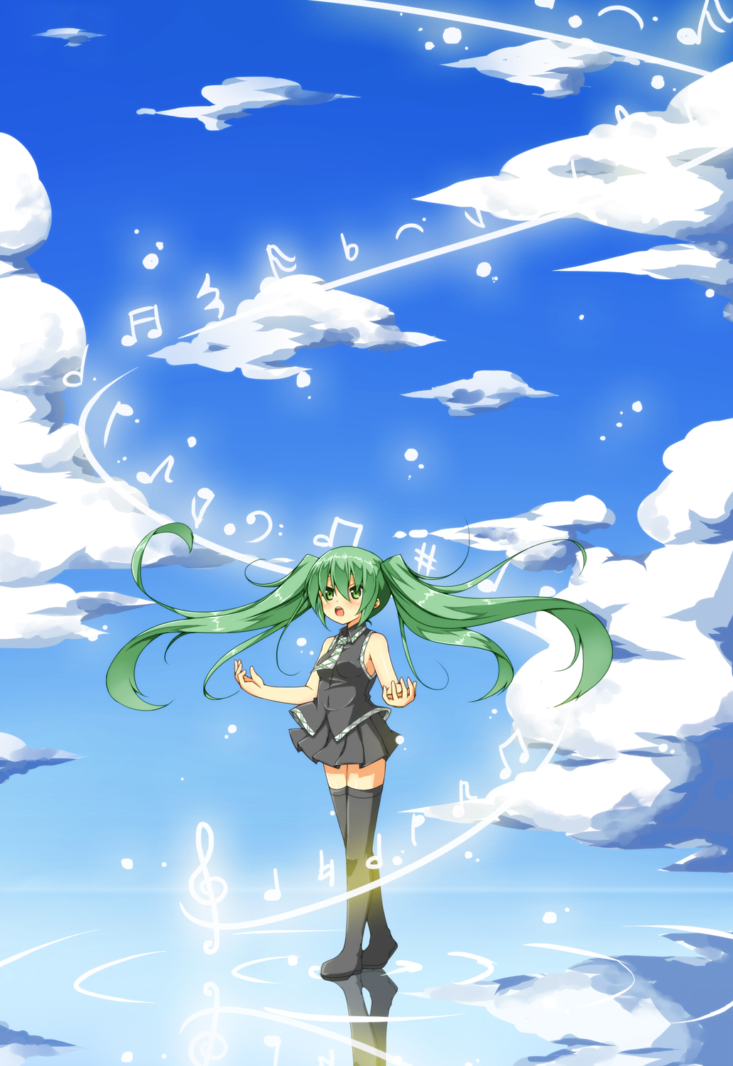 1girl bass_clef beamed_eighth_notes beamed_sixteenth_notes black_footwear black_skirt black_vest blush boots clouds eighth_note flat_sign green_eyes green_hair half_note hatsunatsu hatsune_miku highres long_hair music musical_note natural_sign necktie open_mouth pleated_skirt quarter_note quarter_rest reflection ripples sharp_sign singing sixteenth_note skirt sky solo thigh-highs thigh_boots treble_clef twintails very_long_hair vest vocaloid water