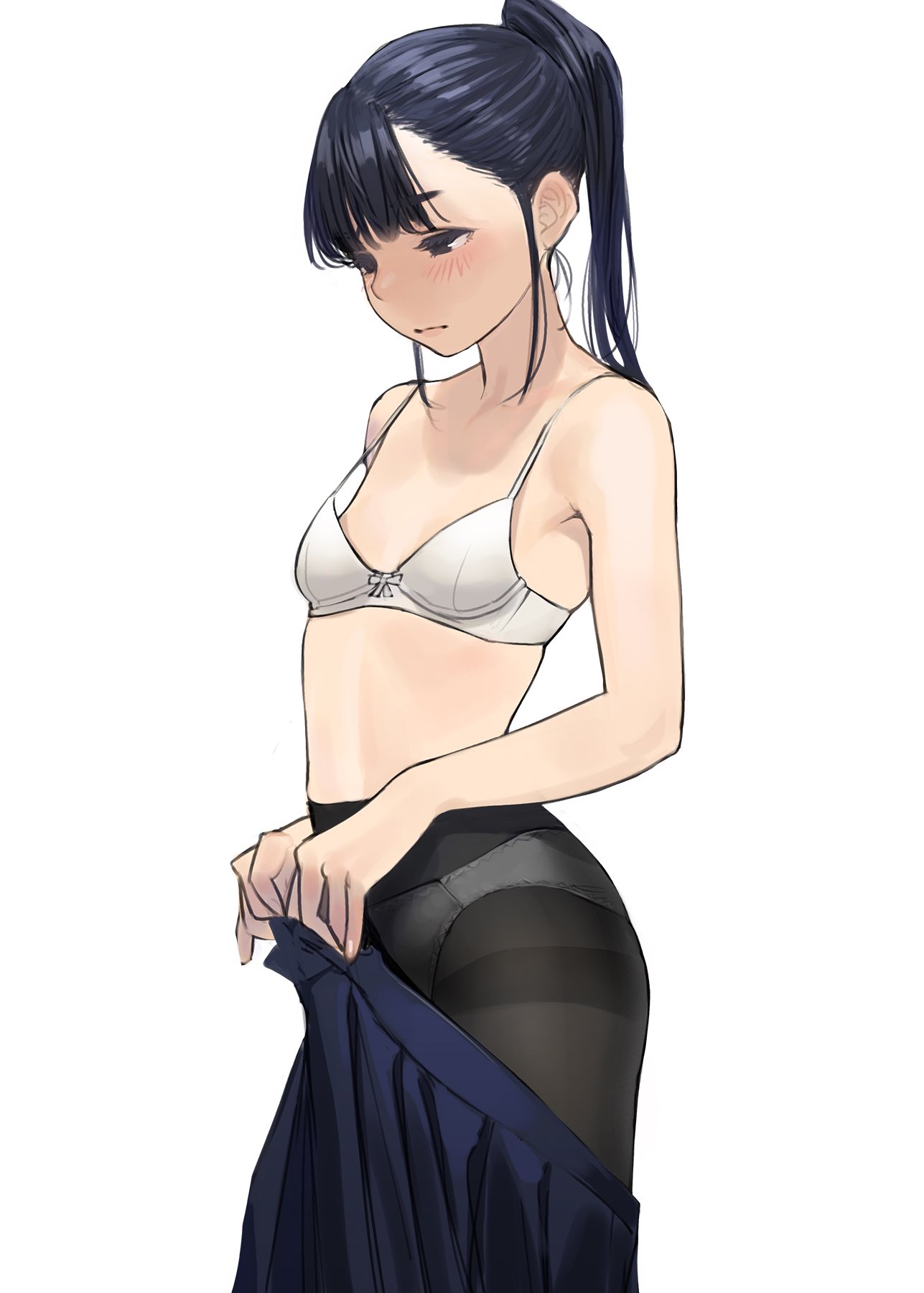 1girl bangs bare_arms bare_shoulders black_eyes black_legwear blue_hair blue_skirt blush bra breasts closed_mouth collarbone commentary_request copyright_request cowboy_shot flat_chest half-closed_eyes highres long_hair looking_down panties panties_under_pantyhose pantyhose ponytail simple_background skirt skirt_pull strap_gap thighband_pantyhose underwear undressing white_background white_bra white_panties yomu_(sgt_epper)