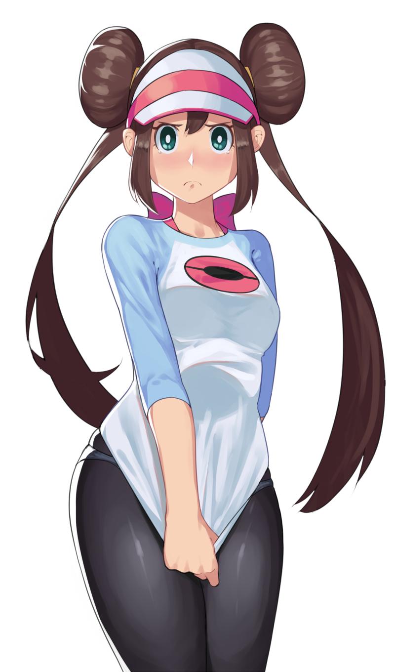 1girl black_legwear blue_eyes blush brown_hair commentary cowboy_shot double_bun embarrassed english_commentary frown highres legs_together long_hair looking_at_viewer mei_(pokemon) no_pants panties panties_under_pantyhose pantyhose pokemon pokemon_(game) pokemon_bw2 raglan_sleeves shirt_tug sidelocks solo standing suwaiya tears twintails underwear very_long_hair visor_cap white_background