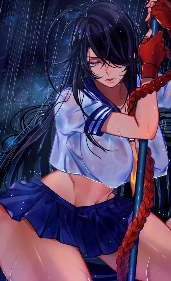 1girl black_hair blue_eyes breasts commentary_request fingerless_gloves gloves hair_over_one_eye ikkitousen kan'u_unchou large_breasts long_hair marchab_66 no_bra pleated_skirt rain rope school_uniform serafuku short_sleeves skirt solo staff standing translucent_shirt twitter_username wet wet_clothes