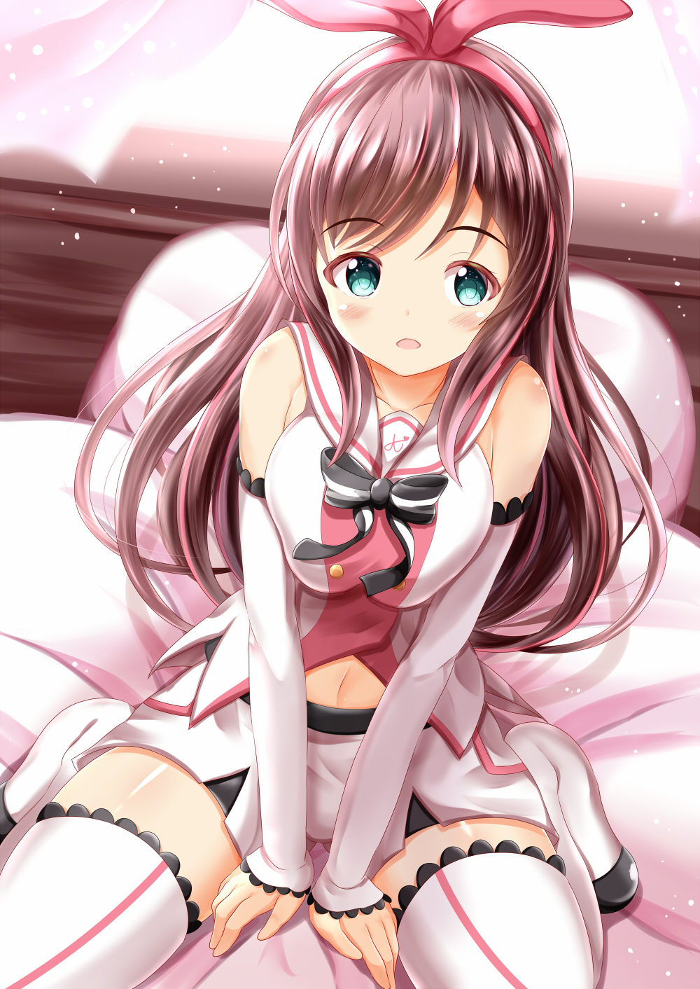 1girl a.i._channel bangs bare_shoulders bed_sheet between_legs blush breast_squeeze breasts brown_hair collarbone commentary_request detached_sleeves eyebrows_visible_through_hair green_eyes hairband hand_between_legs highres kizuna_ai large_breasts long_hair long_sleeves looking_at_viewer multicolored_hair open_mouth pillow pink_hair pink_hairband sailor_collar shirt short_shorts shorts sitting sleeveless sleeveless_shirt sleeves_past_wrists solo streaked_hair thigh-highs very_long_hair virtual_youtuber wariza white_legwear white_sailor_collar white_shirt white_shorts white_sleeves zenon_(for_achieve)