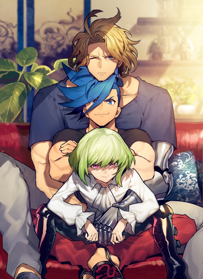 3boys blonde_hair blue_eyes casual couch crossed_arms dress_shirt galo_thymos green_hair kray_foresight lio_fotia male_focus mechanical_arm multiple_boys one_eye_closed pillow promare routo shirt short_hair sitting sitting_on_lap sitting_on_person size_difference smile spiky_hair t-shirt violet_eyes