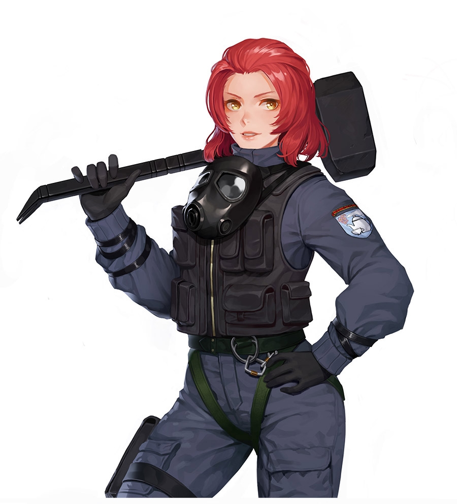 1girl black_gloves blue_jumpsuit body_armor brown_eyes commentary cowboy_shot diestro emblem gas_mask girls_und_panzer gloves hand_on_hip holding holding_weapon long_sleeves looking_at_viewer medium_hair parted_lips redhead rosehip simple_background sledgehammer smile solo st._gloriana's_(emblem) standing tactical_clothes weapon white_background