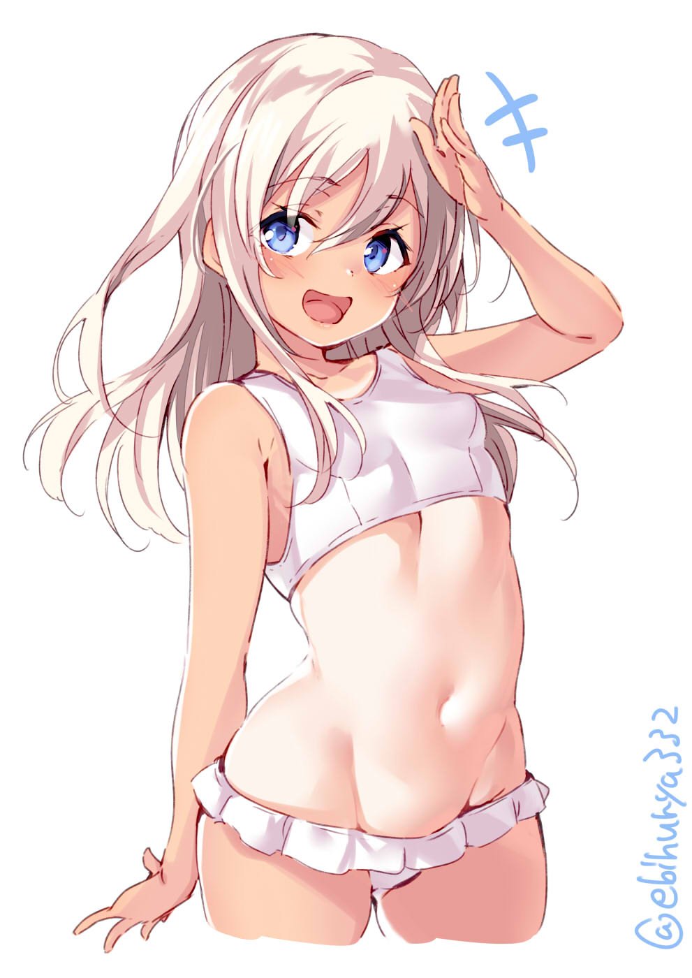 1girl :d arm_up bangs bare_shoulders bikini blue_eyes blush breasts collarbone commentary_request cropped_legs ebifurya eyebrows_visible_through_hair flower frilled_bikini frills groin highres kantai_collection long_hair looking_at_viewer navel one-piece_tan open_mouth ro-500_(kantai_collection) salute simple_background small_breasts smile solo standing stomach swimsuit tan tanline twitter_username white_background white_hair