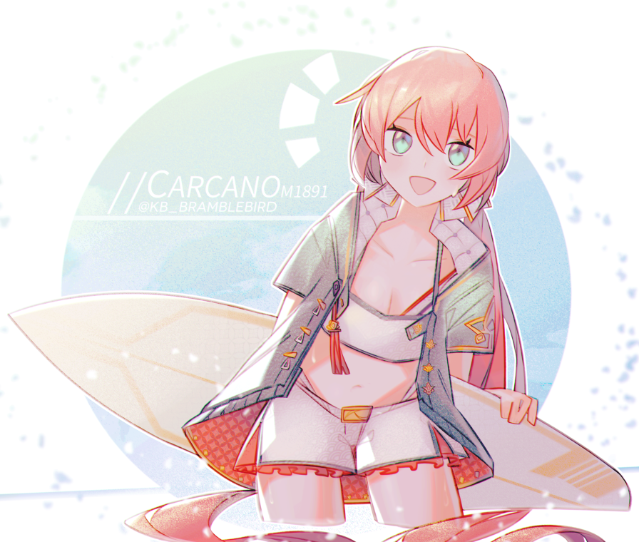 1girl :d alternate_costume blue_background carcano_m1891_(girls_frontline) character_name commentary_request girls_frontline green_eyes jacket kky long_hair looking_at_viewer male_swimwear navel open_mouth partially_submerged pink_hair smile solo surfboard swim_trunks swimwear twitter_username two-tone_background very_long_hair white_background