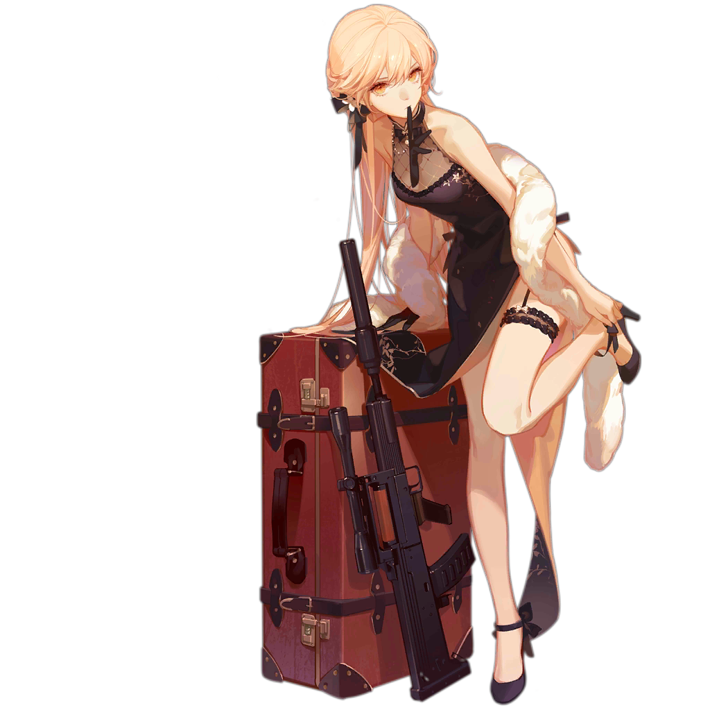 1girl alternate_costume alternate_hairstyle arm_support ask_(askzy) assault_rifle bangs black_dress black_footwear black_gloves blonde_hair braid breasts bullpup china_dress chinese_clothes choker dress eyebrows_visible_through_hair flower full_body garter_straps girls_frontline glove_in_mouth gloves gun hair_flower hair_ornament hair_ribbon high_heels jewelry leaning_on_object leg_garter long_hair looking_at_viewer mouth_hold necklace official_art ots-14 ots-14_(girls_frontline) pelvic_curtain ribbon rifle shawl shoes solo transparent_background tying_shoes very_long_hair weapon weapon_case yellow_eyes