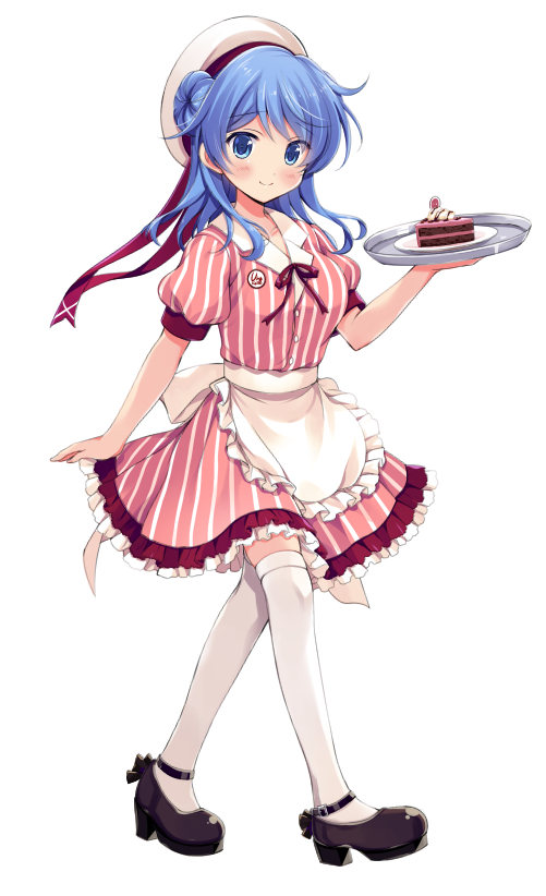 1girl alternate_costume apron black_footwear blue_eyes blue_hair cake closed_mouth double_bun dress food frilled_apron frills hat kantai_collection looking_at_viewer mary_janes medium_hair odawara_hakone red_dress sailor_hat shoes simple_background smile solo striped striped_dress thigh_gap tray urakaze_(kantai_collection) waist_apron waitress white_apron white_background white_headwear white_legwear