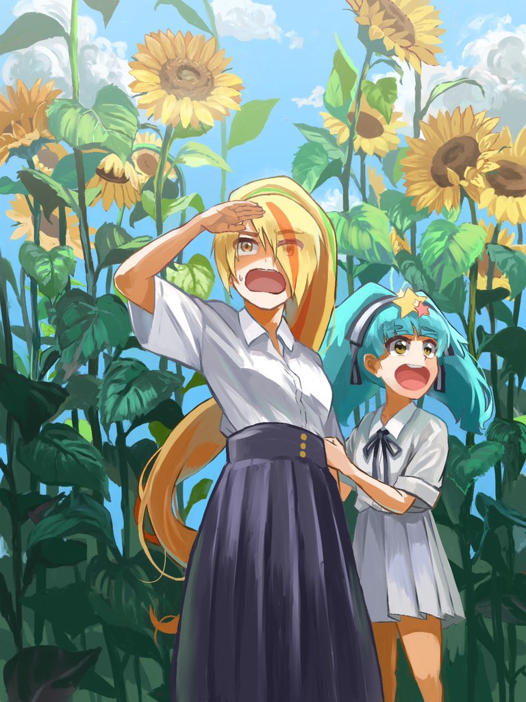 2girls bangs blonde_hair blue_hair blue_sky bow bowtie dress flower hair_ornament hoshikawa_lily long_hair multicolored_hair multiple_girls nikaidou_saki open_mouth plant ribbon sgen skirt sky smile star star_hair_ornament sunflower sweatdrop yellow_eyes zombie_land_saga