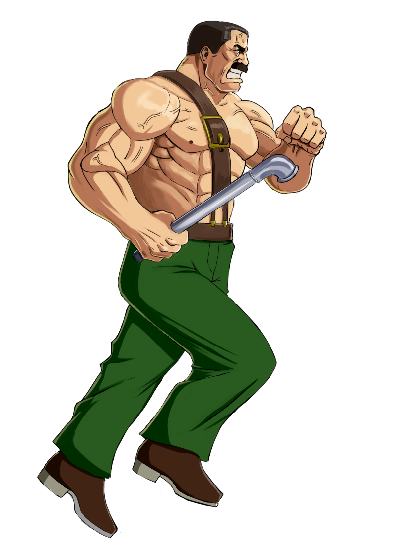 1boy abs black_hair brown_footwear clenched_hand clenched_teeth final_fight green_pants holding holding_pipe male_focus mike_haggar muscle nipples old_man pants pectorals pipe running shirtless simple_background solo standing suspenders taka_(takahirokun) teeth veins white_background