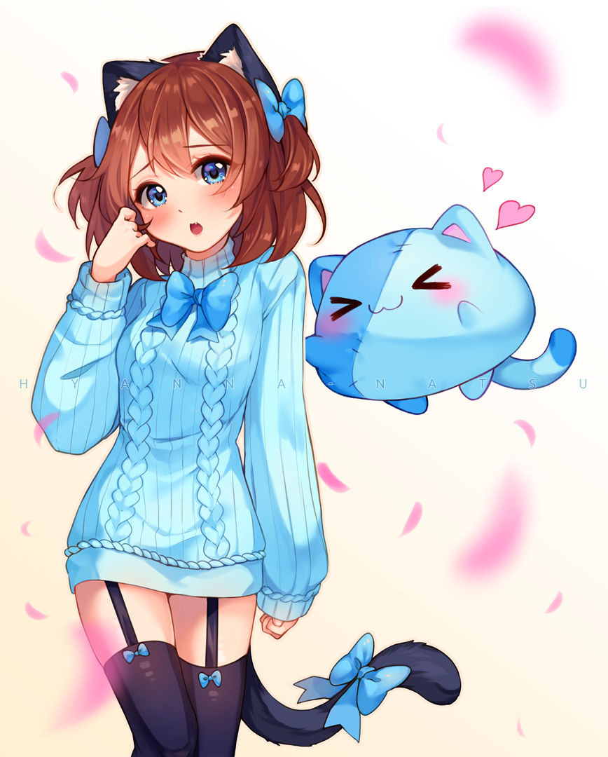 &gt;_&lt; 1girl :3 :o animal_ears aran_sweater artist_name bangs black_legwear blue_bow blue_eyes blue_neckwear blue_sweater blush borrowed_character bow bowtie brown_hair cat_ears cat_girl cat_tail commission creature dress eyebrows_visible_through_hair fang garter_straps gradient gradient_background hair_bow hand_up head_tilt heart hyanna-natsu long_sleeves looking_at_viewer open_mouth original petals solo sweater sweater_dress tail tail_bow thigh-highs two_side_up white_background zettai_ryouiki