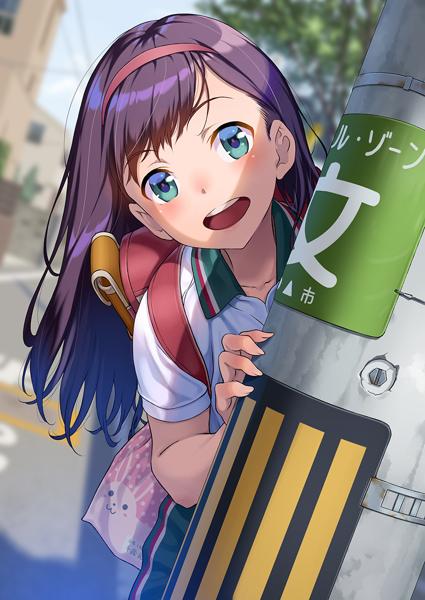 1girl :d aqua_eyes backpack bag bangs gym_uniform hairband highres long_hair looking_at_viewer open_mouth original outdoors pairan purple_hair randoseru smile solo teeth utility_pole