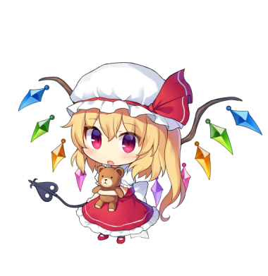 1girl :o blonde_hair blush bow chibi cite eyebrows_visible_through_hair flandre_scarlet frills full_body hair_between_eyes hat hat_bow holding laevatein large_bow lowres mob_cap no_nose red_eyes red_footwear short_hair short_sleeves side_ponytail simple_background skirt skirt_set solo stuffed_animal stuffed_toy team_shanghai_alice teddy_bear touhou vampire white_background wings yada_(xxxadaman)