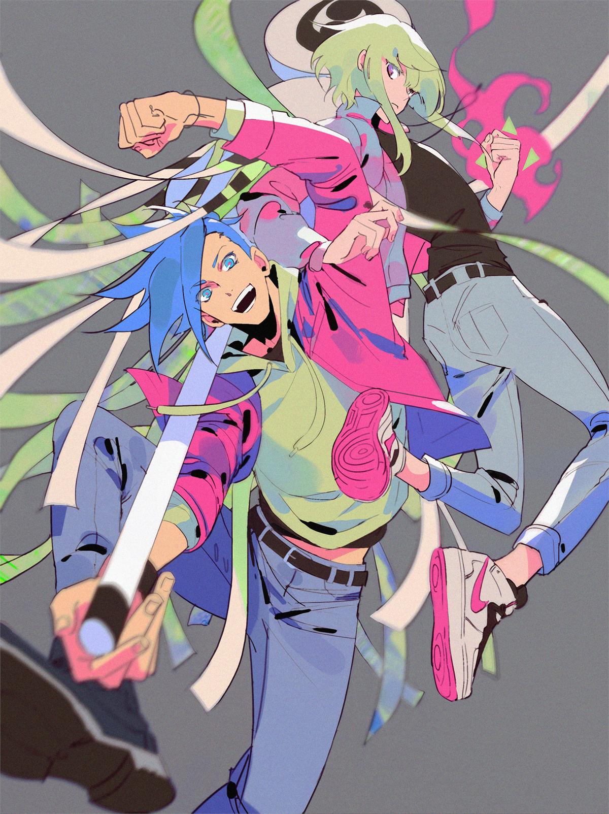 2boys belt blue_eyes blue_hair casual chenalii clenched_hand denim fire fist_pump galo_thymos highres hood hoodie jacket jeans lio_fotia locked_arms looking_at_viewer male_focus matoi multiple_boys open_mouth pants promare shoes short_hair smile sneakers spiky_hair violet_eyes
