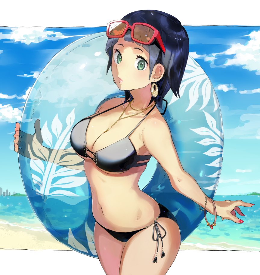 1girl aisutabetao beach bikini black_hair blue_innertube blue_sky breasts clouds collarbone commentary_request cowboy_shot cute day earrings eyewear_on_head green_eyes innertube jewelry lips looking_at_viewer medium_breasts navel necklace original original_character outdoors red-framed_eyewear short_hair side-tie_bikini sky solo sunglasses swimsuit