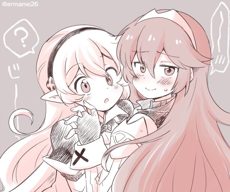 2girls closed_mouth corrin_(fire_emblem) corrin_(fire_emblem)_(female) eromame fingerless_gloves fire_emblem fire_emblem_awakening fire_emblem_fates gloves grey_background hairband long_hair lucina_(fire_emblem) manakete monochrome multiple_girls open_mouth pointy_ears simple_background smile tiara twitter_username yuri