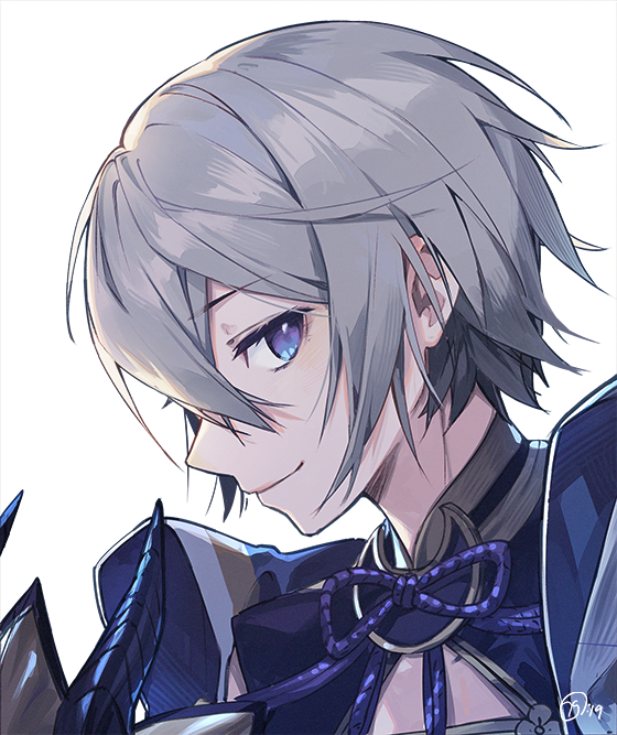 1boy blue_eyes fate/grand_order fate_(series) gao_changgong_(fate) grey_hair male_focus mask mask_removed nagu portrait profile smile white_background