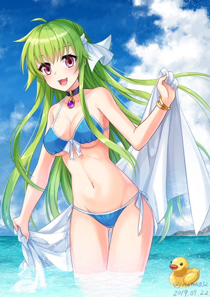 1girl :3 :d ass_visible_through_thighs bangs bikini blue_bikini blush bracelet breasts clouds collar dated day front-tie_bikini front-tie_top gem green_hair hair_ornament jewelry long_hair looking_at_viewer medium_breasts navel noma_(kifyz23) ocean open_mouth original outdoors rubber_duck side-tie_bikini sky smile solo swimsuit twitter_username under_boob very_long_hair violet_eyes wading water