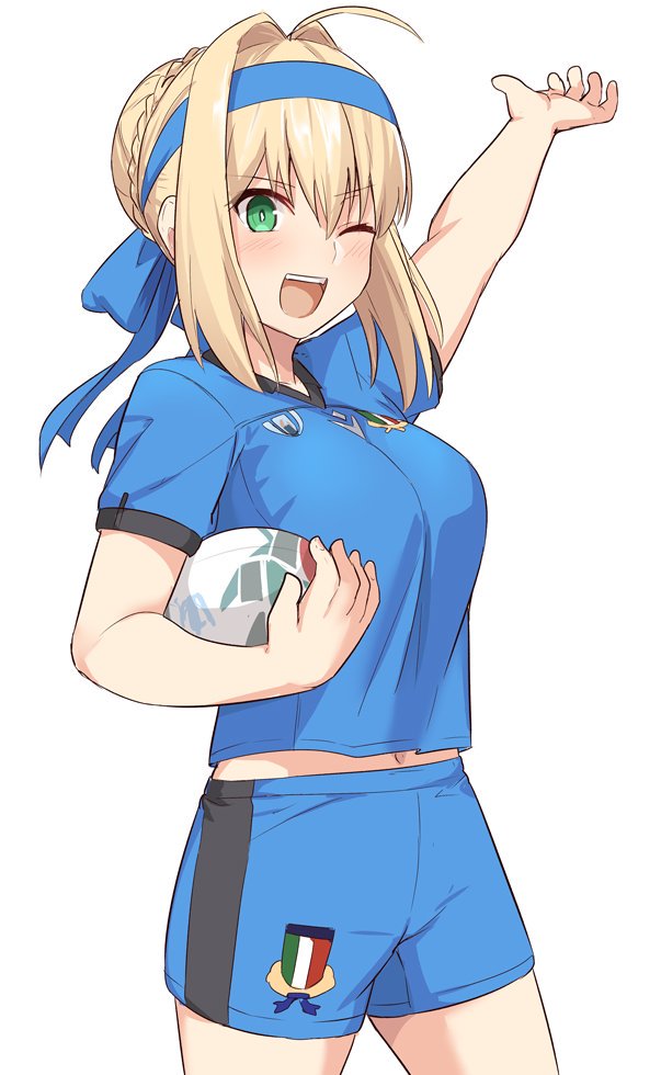 1girl ahoge alternate_costume blonde_hair blue_hairband blue_ribbon blue_shirt blue_shorts blush braid breasts commentary_request eyebrows_visible_through_hair fate/extra fate_(series) football football_uniform green_eyes hair_bun hair_intakes hair_ribbon hairband large_breasts looking_at_viewer navel nero_claudius_(fate) nero_claudius_(fate)_(all) one_eye_closed ribbon shirt shiseki_hirame short_shorts short_sleeves shorts simple_background smile solo sportswear v-shaped_eyebrows white_background