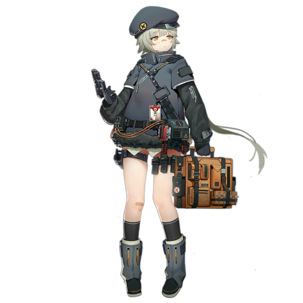 1girl bandaid black_jacket black_legwear blush defibrillator eyebrows_visible_through_hair fur_trim girls_frontline gloves green_eyes grey_hair gun handgun hat holding holding_gun holding_weapon holster hs2000 hs2000_(girls_frontline) jacket kneehighs leg_warmers magazine_(weapon) medium_hair official_art pistol shirt simple_background sling solo thigh_strap transparent_background trigger_discipline waterkuma watermark weapon white_shirt