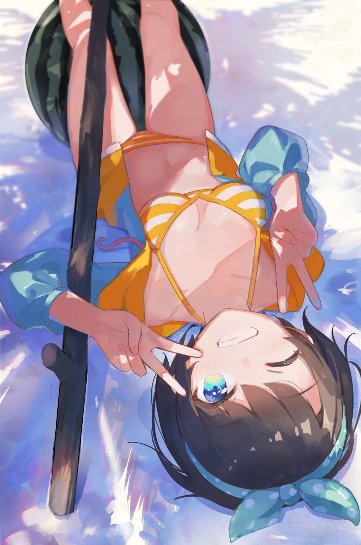 1girl bangs beach bikini black_hair blue_eyes blue_jacket blush breasts collarbone commentary day double_v feet_out_of_frame food fruit green_ribbon grin hairband hololive jacket looking_at_viewer lying medium_breasts navel on_back one_eye_closed oozora_subaru open_clothes open_jacket outdoors ribbon shade shadow short_hair smile solo striped striped_bikini swimsuit symbol_commentary t6_ti thighs upside-down v virtual_youtuber watermelon yellow_bikini