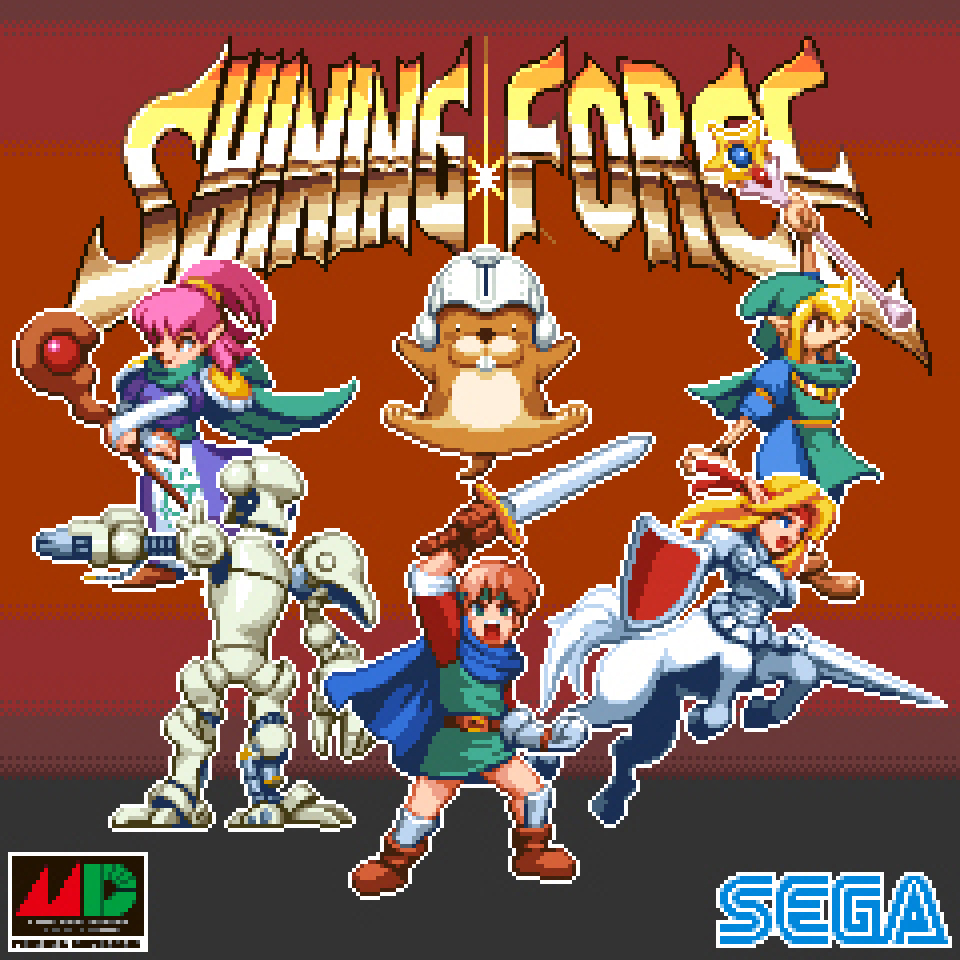 2boys 3girls adam_(shining) arm_cannon arm_up armor blonde_hair blue_cape blue_eyes bridal_gauntlets brown_eyes brown_footwear cape centaur chip_(shining_force) clenched_hand elf gloves gradient gradient_background greaves green_cape green_headband green_headwear headband helmet holding holding_lance holding_rod holding_shield holding_staff holding_sword holding_weapon jogurt_(shining_force) lance looking_at_viewer mae_(shining_force) max_(shining_force) multiple_boys multiple_girls open_mouth pink_hair pixel_art pixelflag pointy_ears polearm ponytail purple_robe red_eyes robot sega shield shining_(series) shining_force_i short_sleeves simple_background staff sword tao_(shining_force) weapon