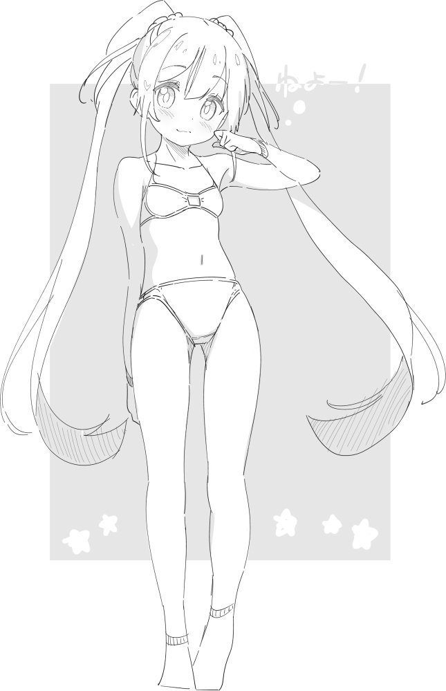 1girl ass_visible_through_thighs bangs bare_arms bare_shoulders blush bra closed_mouth collarbone copyright_request eyebrows_visible_through_hair grey_background greyscale hair_between_eyes hand_up jigatei_(omijin) long_hair looking_at_viewer monochrome navel no_shoes panties socks solo standing star translation_request twintails two-tone_background underwear underwear_only very_long_hair white_background
