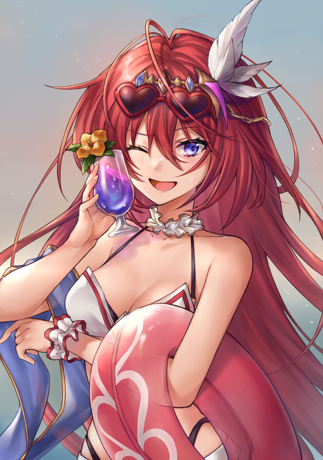 1girl ;d bikini blue_eyes blush breasts choker collarbone cup drink eyewear_on_head feathers flower glass godguard_brodia granblue_fantasy heart heart-shaped_eyewear highres holding holding_cup long_hair looking_at_viewer medium_breasts one_eye_closed open_mouth redhead shiao smile solo sunglasses swimsuit white_bikini white_choker