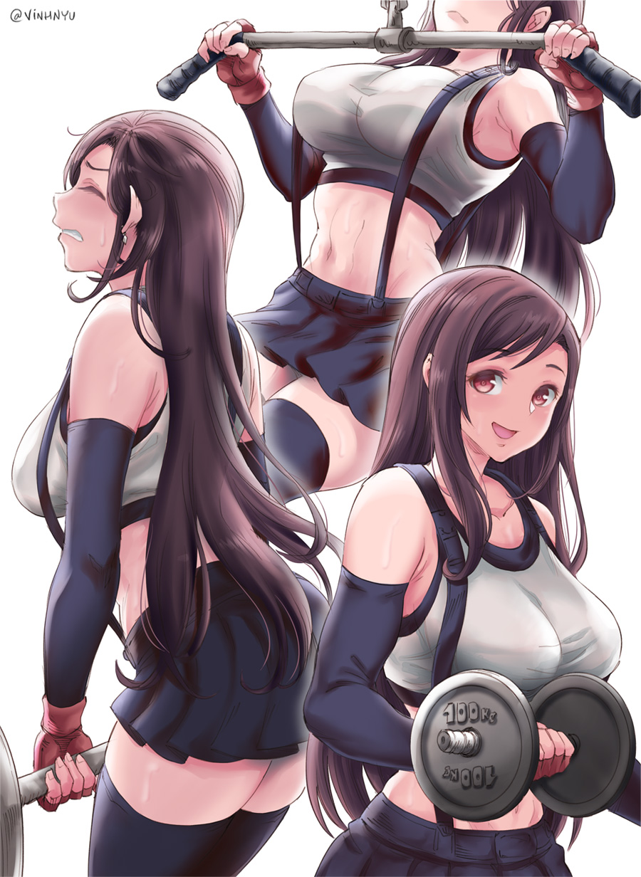 1girl abs black_hair black_skirt brown_eyes clenched_teeth closed_eyes collarbone dumbbell earrings elbow_gloves eyebrows_visible_through_hair final_fantasy final_fantasy_vii final_fantasy_vii_remake fingerless_gloves gloves highres jewelry long_hair navel pleated_skirt pullups red_gloves skirt smile stomach suspenders sweat tank_top teeth thigh-highs tifa_lockhart toned undershirt vinhnyu weightlifting zettai_ryouiki