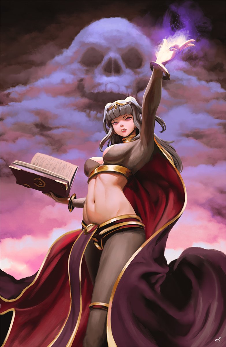 1girl black_hair book bridal_gauntlets cape dark_clouds fire_emblem fire_emblem_awakening glowing glowing_hand highres looking_at_viewer magic mynare navel pelvic_curtain skull solo stomach tharja twintails