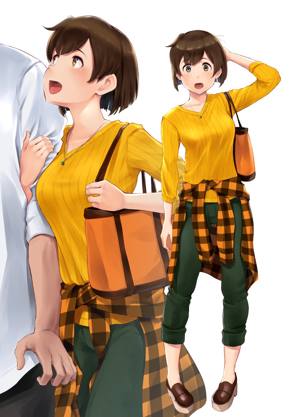 1boy 1girl alternate_costume bag blush breasts brown_eyes brown_hair eyebrows_visible_through_hair full_body green_pants highres hiryuu_(kantai_collection) kantai_collection looking_at_viewer medium_breasts multiple_views open_mouth pants shirt short_hair simple_background smile solo sweater wa_(genryusui) white_background white_shirt yellow_sweater