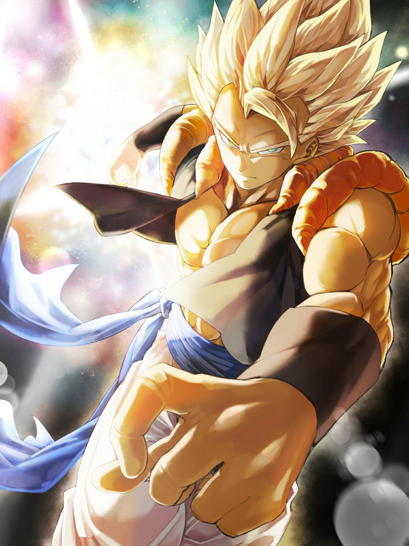 1boy abs aqua_background backlighting biceps blonde_hair blurry bokeh clothes_around_waist clothes_lift colorful dark_background depth_of_field dragon_ball dragon_ball_z expressionless fingernails frown gogeta green_eyes highres light_rays looking_at_viewer male_focus mattari_illust multicolored multicolored_background muscle orange_background outstretched_arms pants purple_background red_background serious shaded_face spiky_hair super_saiyan waistcoat white_background white_pants wristband