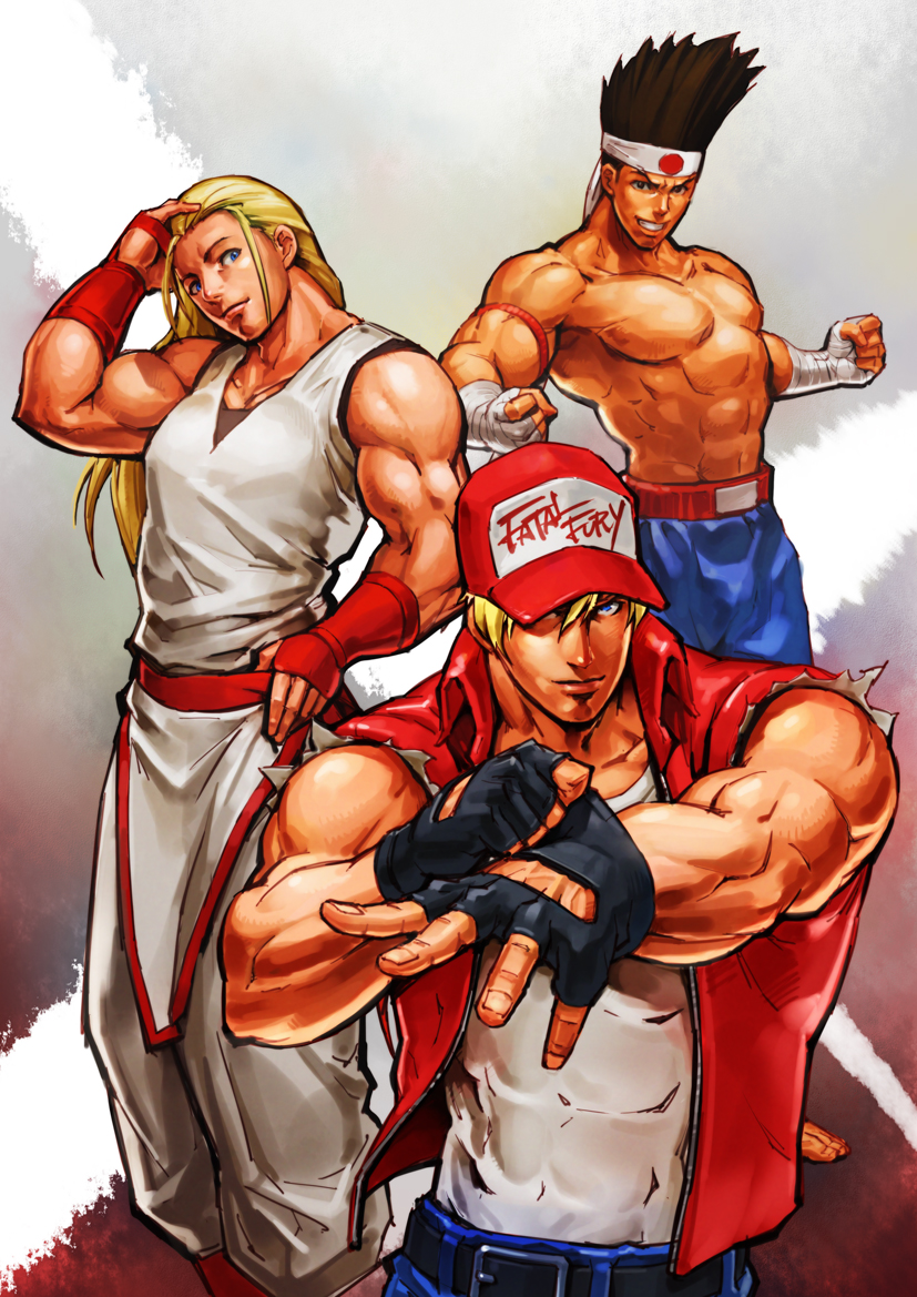 3boys abs andy_bogard bandaged_arm bandages bare_shoulders baseball_cap belt black_belt black_gloves blonde_hair blue_pants brown_hair denim fatal_fury fingerless_gloves fingernails gloves grin hair_between_eyes hair_up hand_on_hip hand_on_own_head hat headband jacket jeans joe_higashi lips long_hair looking_at_viewer male_focus manly multiple_boys muscle pants pectorals ponytail red_headwear red_jacket shirt shirtless simulex sleeveless sleeveless_jacket sleeveless_shirt smile terry_bogard the_king_of_fighters vest white_pants white_shirt