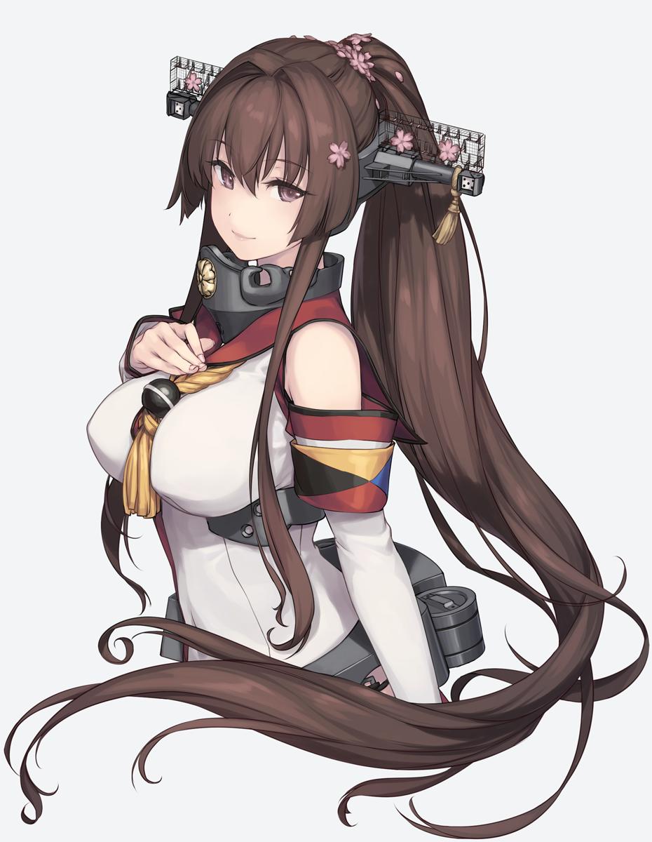 1girl breasts brown_eyes brown_hair cherry_blossoms collar cropped_torso detached_sleeves floating_hair flower grey_background hair_flower hair_ornament hand_on_own_chest headgear highres kantai_collection large_breasts long_hair looking_at_viewer ponytail rigging rokuwata_tomoe simple_background skirt smile solo very_long_hair yamato_(kantai_collection)