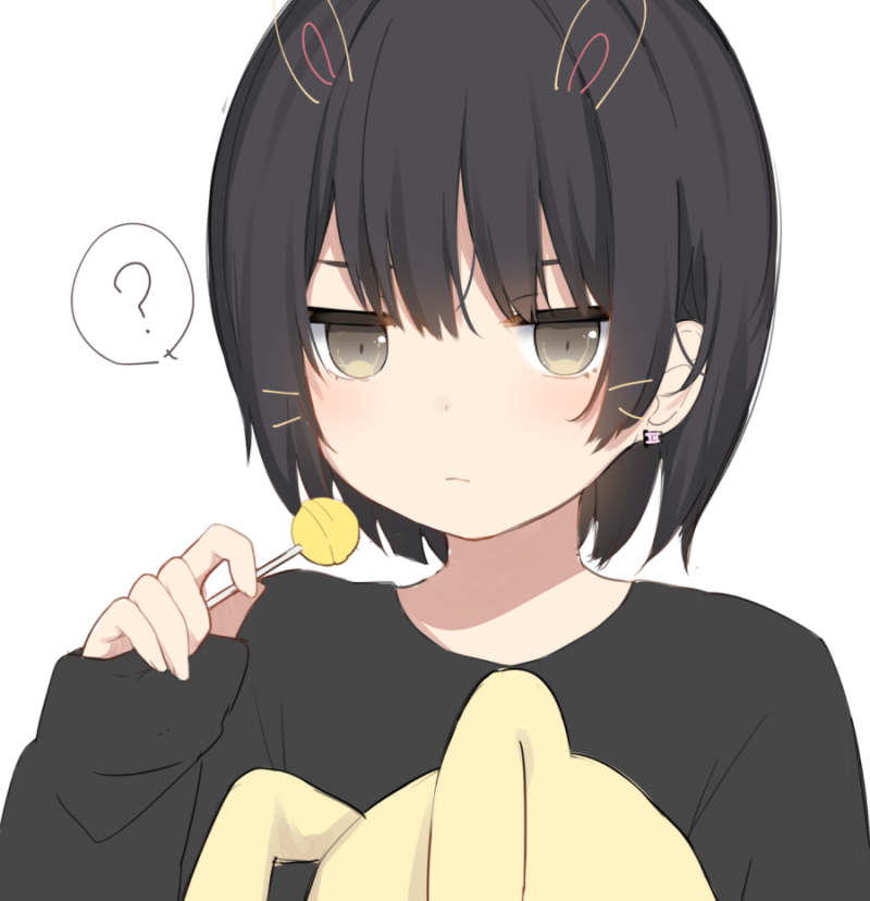 1girl ? amashiro_natsuki bangs black_hair black_shirt candy closed_mouth commentary_request copyright_request earrings eyebrows_behind_hair food hair_between_eyes hand_up holding holding_food holding_lollipop jewelry lollipop long_sleeves looking_at_viewer shirt short_hair simple_background sleeves_past_wrists solo spoken_question_mark stuffed_animal stuffed_bunny stuffed_toy upper_body white_background