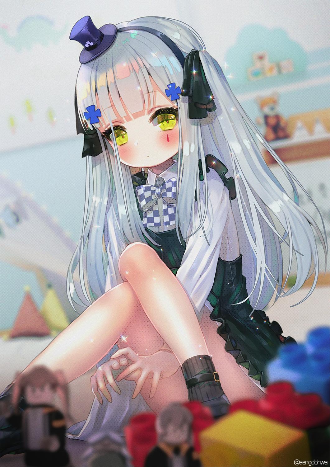 1girl apron bangs black_apron black_footwear black_hairband black_legwear black_ribbon blunt_bangs blurry blurry_background blurry_foreground blush bow checkered closed_mouth collared_shirt commentary_request depth_of_field eyebrows_visible_through_hair facial_mark frilled_apron frills girls_frontline green_eyes hair_ribbon hairband hanato_(seonoaiko) hat highres hk416_(girls_frontline) knees_up lego_brick lego_minifig long_hair long_sleeves looking_at_viewer mini_hat mini_top_hat purple_headwear ribbed_legwear ribbon shirt shoes silver_hair skirt solo stuffed_animal stuffed_toy teddy_bear tilted_headwear top_hat twitter_username two_side_up ump45_(girls_frontline) ump9_(girls_frontline) very_long_hair white_shirt white_skirt