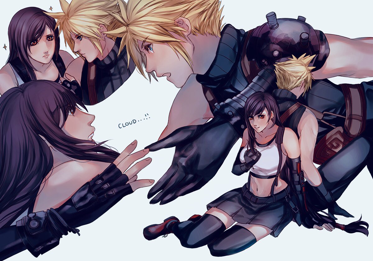 1boy 1girl back-to-back bangs bare_shoulders black_gloves black_skirt blonde_hair breasts brown_eyes brown_hair closed_mouth cloud_strife collarbone earrings elbow_pads english_commentary final_fantasy final_fantasy_vii final_fantasy_vii_remake fingerless_gloves gloves hand_on_own_chest holding_another's_arm jewelry large_breasts long_hair looking_at_another low-tied_long_hair lying midriff navel open_mouth outstretched_hand pencil_skirt reaching sera_(serappi) shirt shoulder_armor sitting skirt sleeveless sleeveless_shirt spiky_hair suspender_skirt suspenders swept_bangs tank_top taut_clothes taut_shirt tifa_lockhart