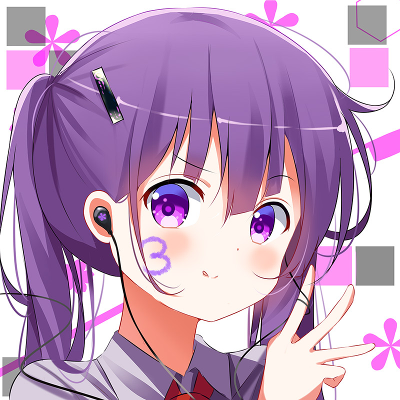 1girl :q bangs blush closed_mouth collared_shirt commentary_request deyui earphones earphones eyebrows_visible_through_hair facepaint floral_background gochuumon_wa_usagi_desu_ka? grey_shirt hair_between_eyes hair_ornament hairclip hand_up long_hair looking_at_viewer purple_hair red_neckwear shirt sidelocks smile solo tedeza_rize tongue tongue_out twintails violet_eyes w