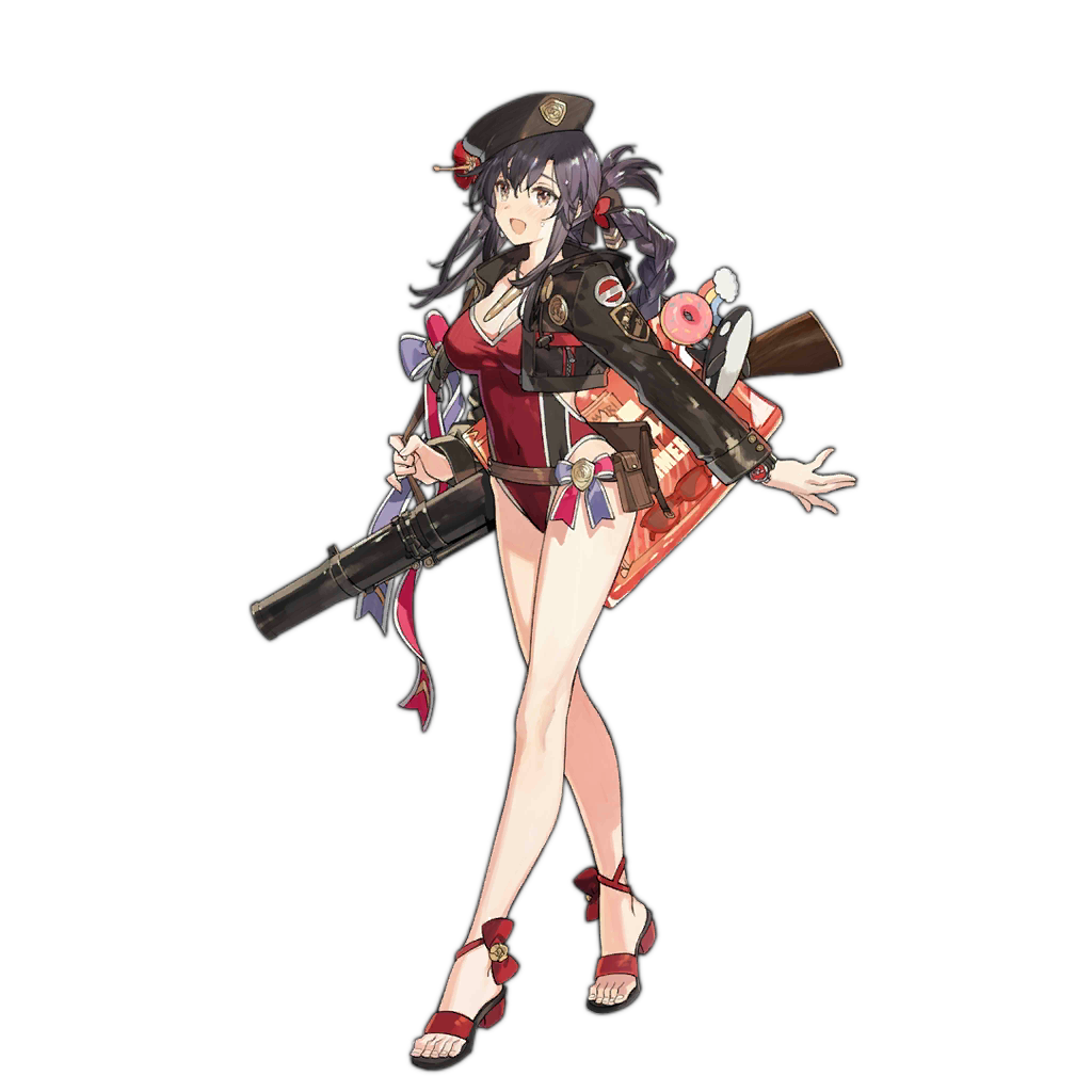 1girl :d bangs beach belt black_hair bow braid breasts brown_eyes doughnut flower food full_body girls_frontline gun hair_between_eyes hair_flower hair_ornament hair_ribbon hat holding holding_gun holding_weapon jacket lewis_(girls_frontline) lewis_gun long_hair long_sleeves looking_to_the_side machine_gun official_art open_mouth over_shoulder ribbon sandals smile solo standing starshadowmagician transparent_background watch weapon weapon_over_shoulder