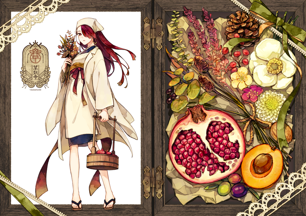 1girl acorn akagi_shun arm_at_side beads box bucket earrings flower flower_request food food_request fruit geta green_ribbon hair_over_one_eye head_scarf herb_bundle holding japanese_clothes jewelry kappougi labcoat lace long_hair looking_at_viewer lotus_root original outside_border peach pigeon-toed pomegranate red_eyes redhead ribbon rope sash solo standing white_background white_flower wooden_bucket