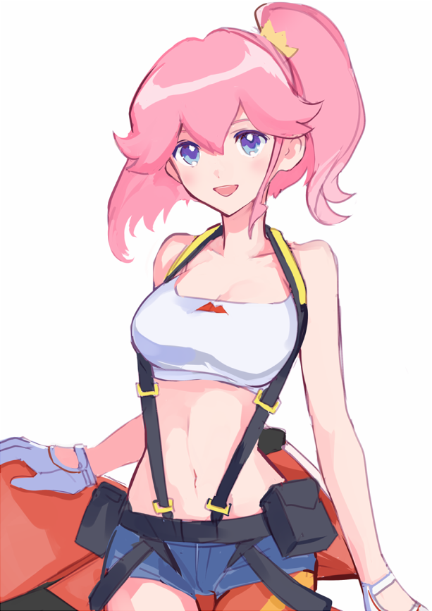 1girl aina_ardebit blue_eyes breasts gloves jacket midriff okchoko open_mouth pink_hair promare shorts side_ponytail smile suspenders thigh-highs