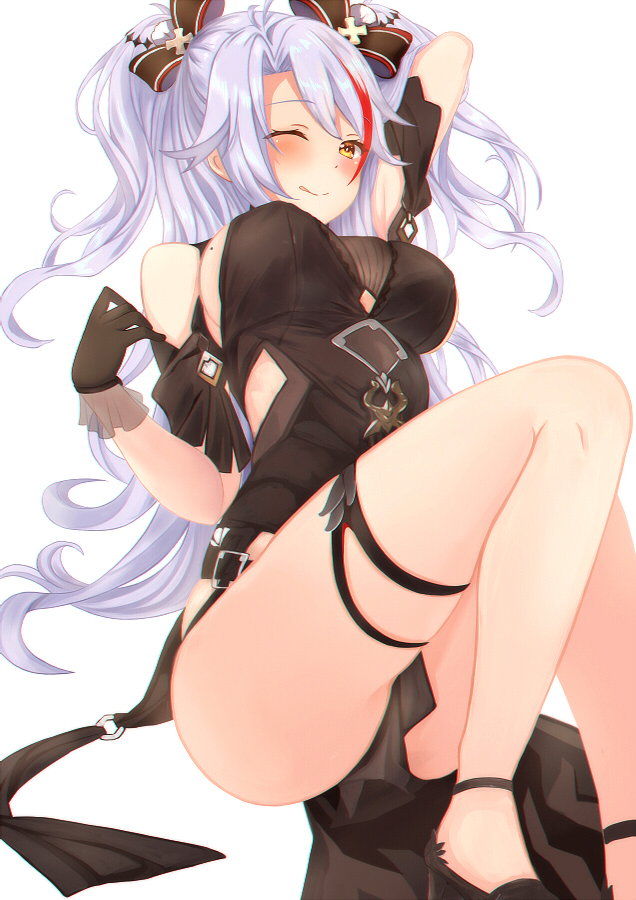1girl :q alternate_costume ankle_strap antenna_hair arm_up azur_lane bangs black_dress black_footwear blush bow breasts brown_eyes dress gatchapowa gloves hair_between_eyes hand_up high_heels large_breasts long_hair looking_at_viewer multicolored_hair one_eye_closed prinz_eugen_(azur_lane) prinz_eugen_(cordial_cornflower)_(azur_lane) redhead sidelocks silver_hair simple_background smile solo streaked_hair thighs tongue tongue_out two_side_up very_long_hair white_background