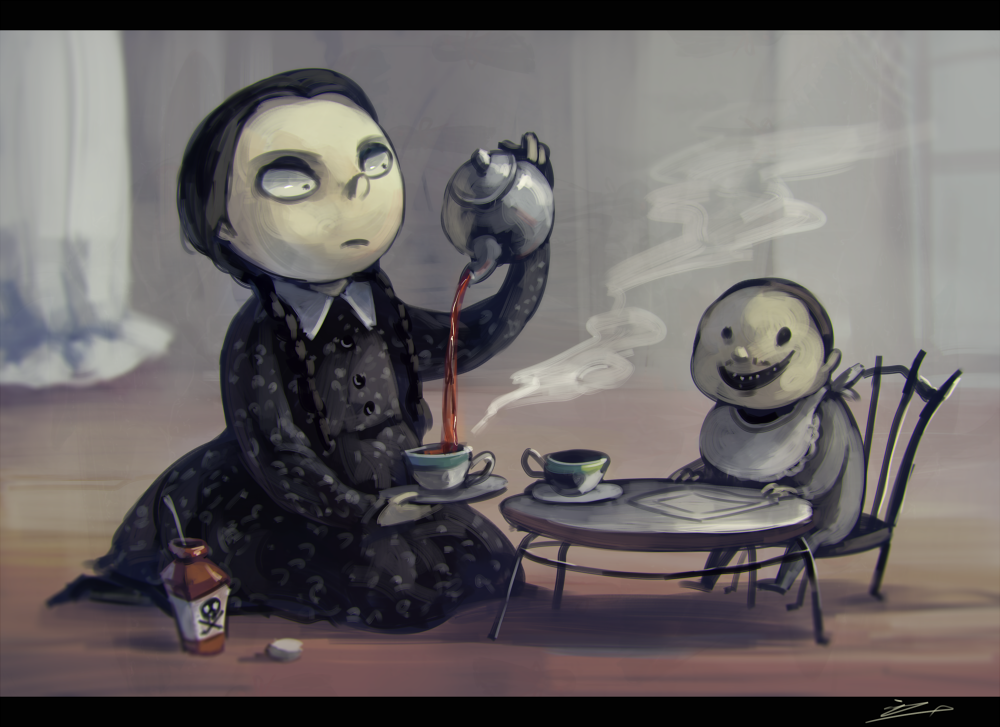 1boy 1girl addams_family baby bib black_dress black_hair braid brother_and_sister chair cup dress eyeshadow facial_hair frown koto_inari makeup mustache poison pubert_addams siblings smile table tea teacup teapot wednesday_addams