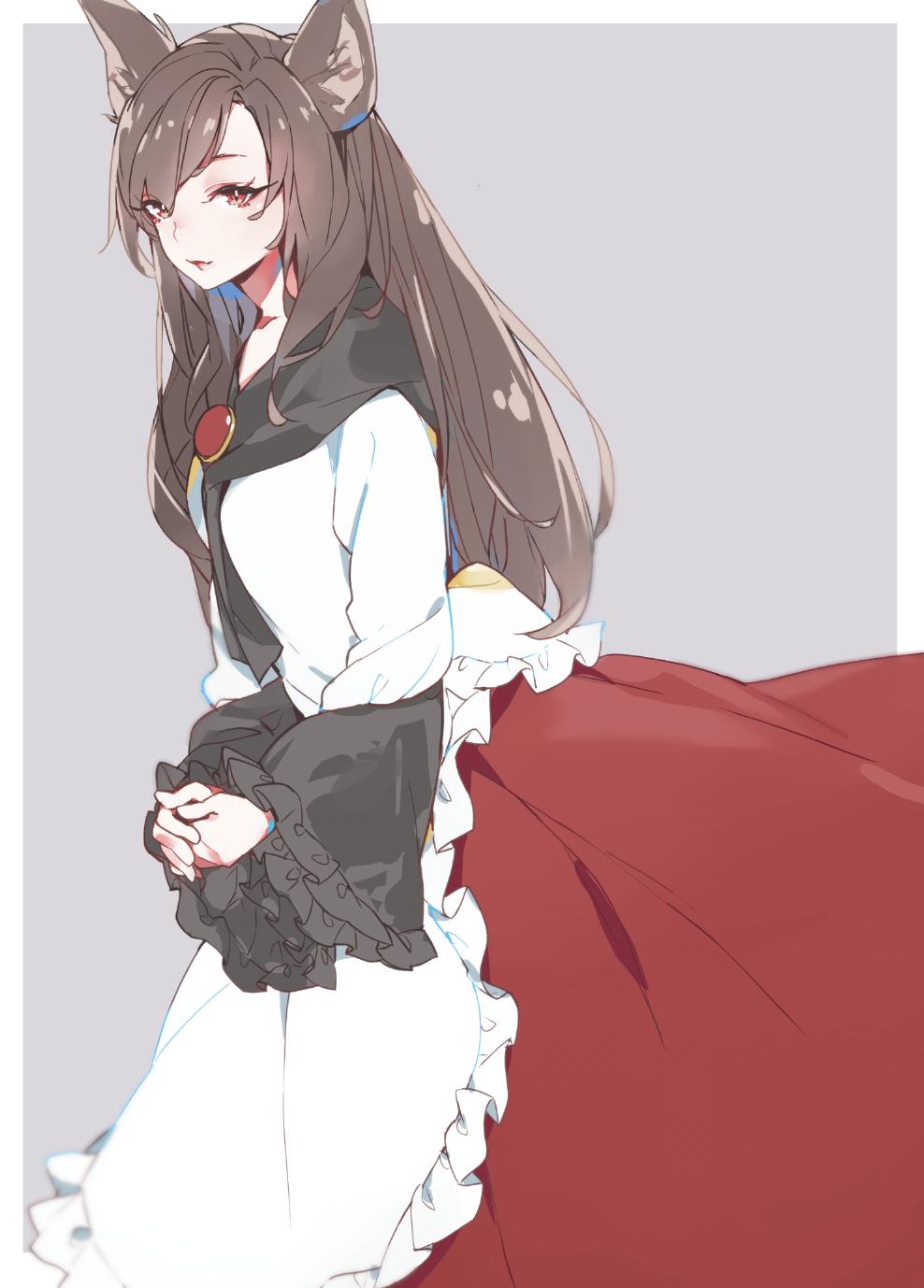 1girl animal_ears brooch brown_hair frilled_shirt frilled_sleeves frills highres imaizumi_kagerou jewelry long_hair long_sleeves neckerchief red_skirt shirt skirt smile touhou wolf_ears yu_(cotoriil)