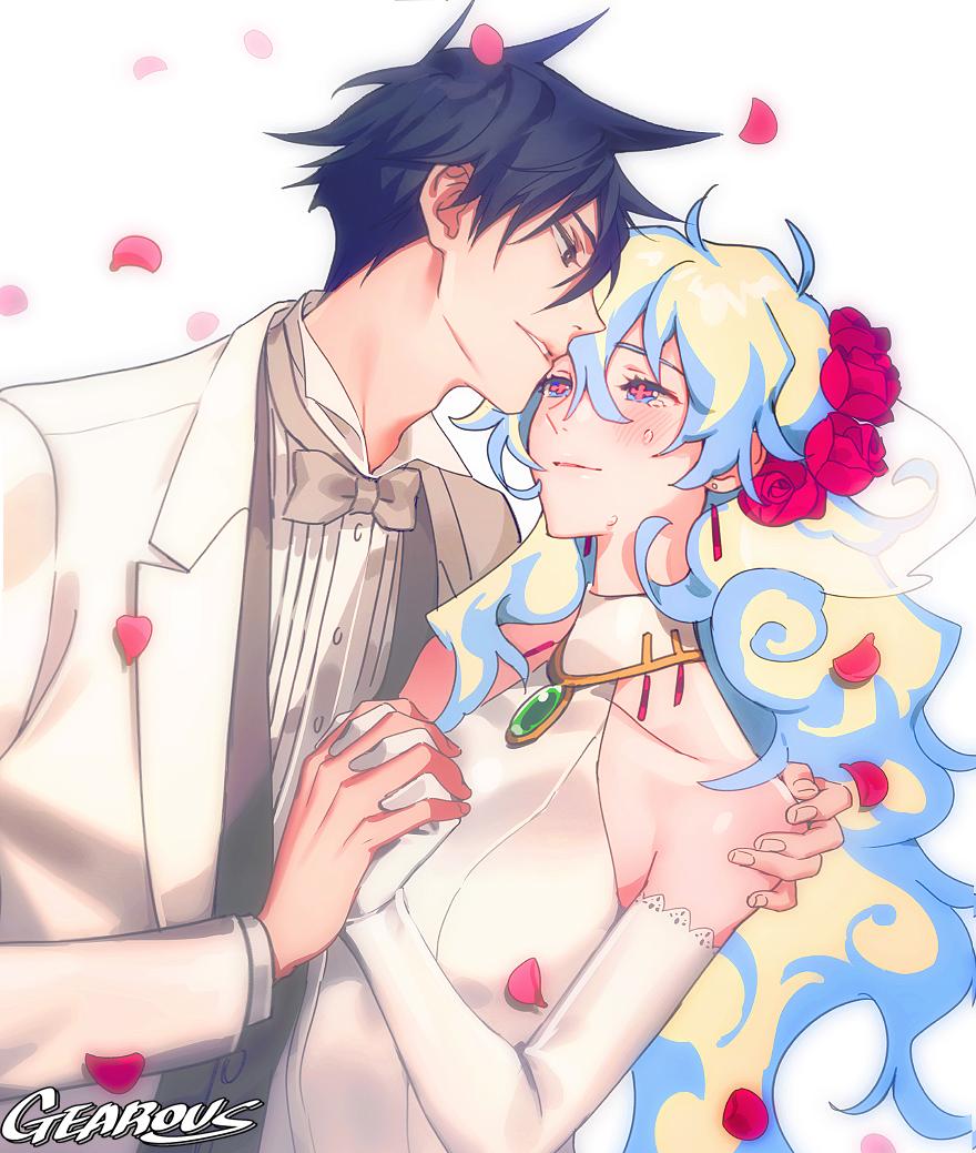 +_+ 1boy 1girl artist_name bare_shoulders blue_hair blush bow bowtie bride cloud_hair couple crying crying_with_eyes_open dress earrings elbow_gloves flower formal gearous gem gloves groom hair_between_eyes hair_flower hair_ornament hand_on_shoulder happy hetero husband_and_wife interlocked_fingers jewelry long_hair nia_teppelin parted_lips petals red_flower red_rose rose rose_petals short_hair simon sleeveless sleeveless_dress smile suit symbol-shaped_pupils tears tengen_toppa_gurren_lagann tuxedo veil very_long_hair watermark wedding white_background white_dress white_gloves white_suit