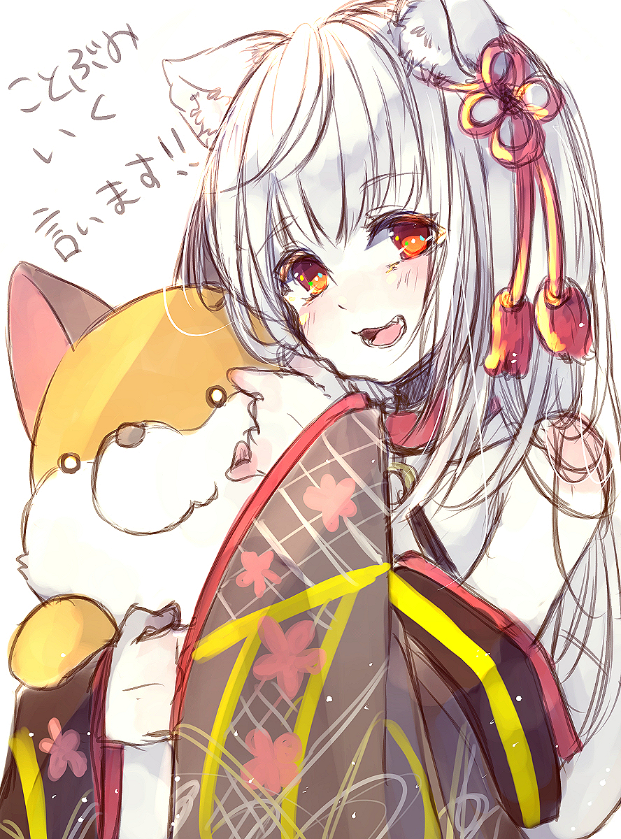 1girl :d animal_ear_fluff animal_ears bangs blush chita_(ketchup) collar collarbone eyebrows_visible_through_hair fang floral_print flower_knot fox_ears fox_girl fox_tail hair_ornament highres long_hair long_sleeves o-ring open_mouth original red_collar red_eyes silver_hair simple_background sketch sleeves_past_wrists smile solo stuffed_animal stuffed_fox stuffed_toy tail tail_raised translation_request white_background wide_sleeves